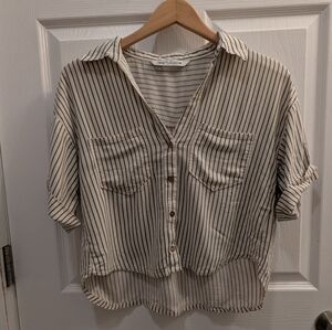 Zara Green Striped Button-Up Shirt Linen Blend size Small